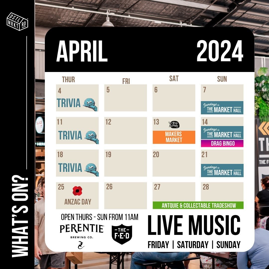 Mark these dates in your calendar as we have a great lineup of regular and pop up events happening at @distilleryroadmarket this month and we can&rsquo;t wait to see you!

🛍️ APRIL 7th Sundays in the Market Hall 8am - 1pm

🧠 APRIL 4, 11, 18 Trivia 