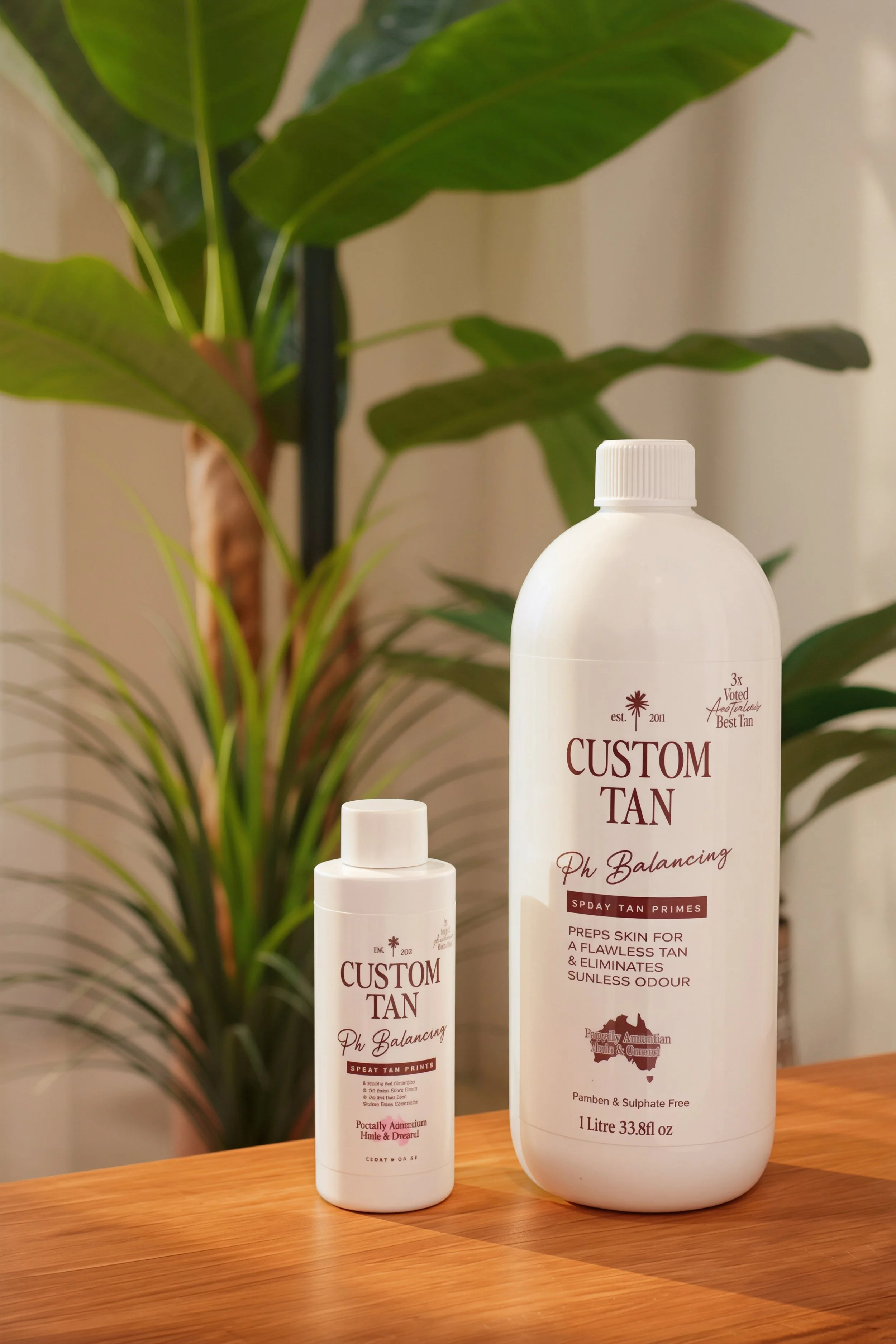 Two bottles of Custom Tan self-tanning products, a larger one and a smaller one, are placed on a wooden surface. A leafy green plant is in the background.