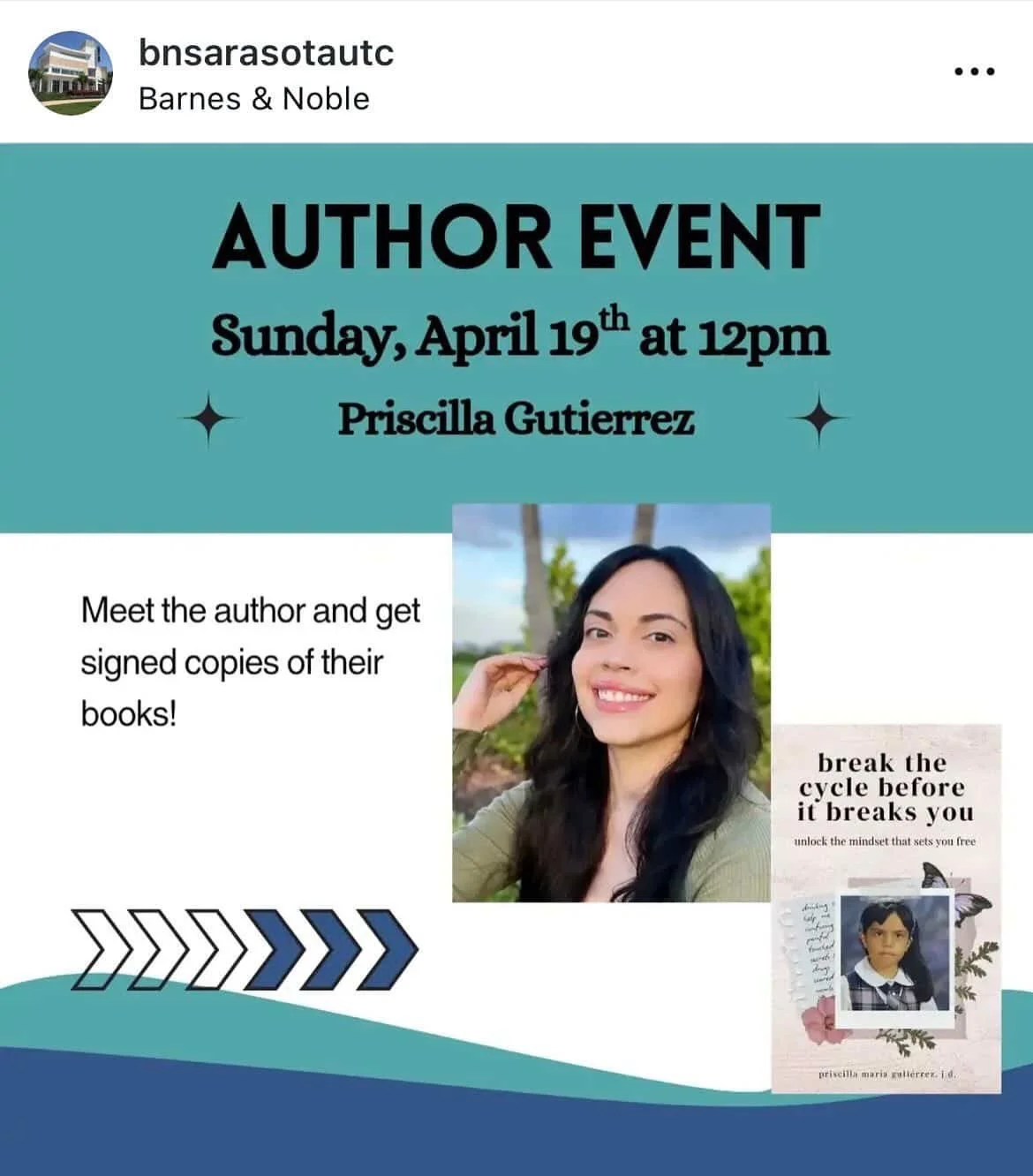 Catch me at @bnsarasotautc this Sunday from 12-2pm! I will be selling and signing copies of my debut book, Break the Cycle Before It Breaks You. 

Swipe to learn more about my self-help x memoir book. I wrote this for every cycle breaker + survivor c
