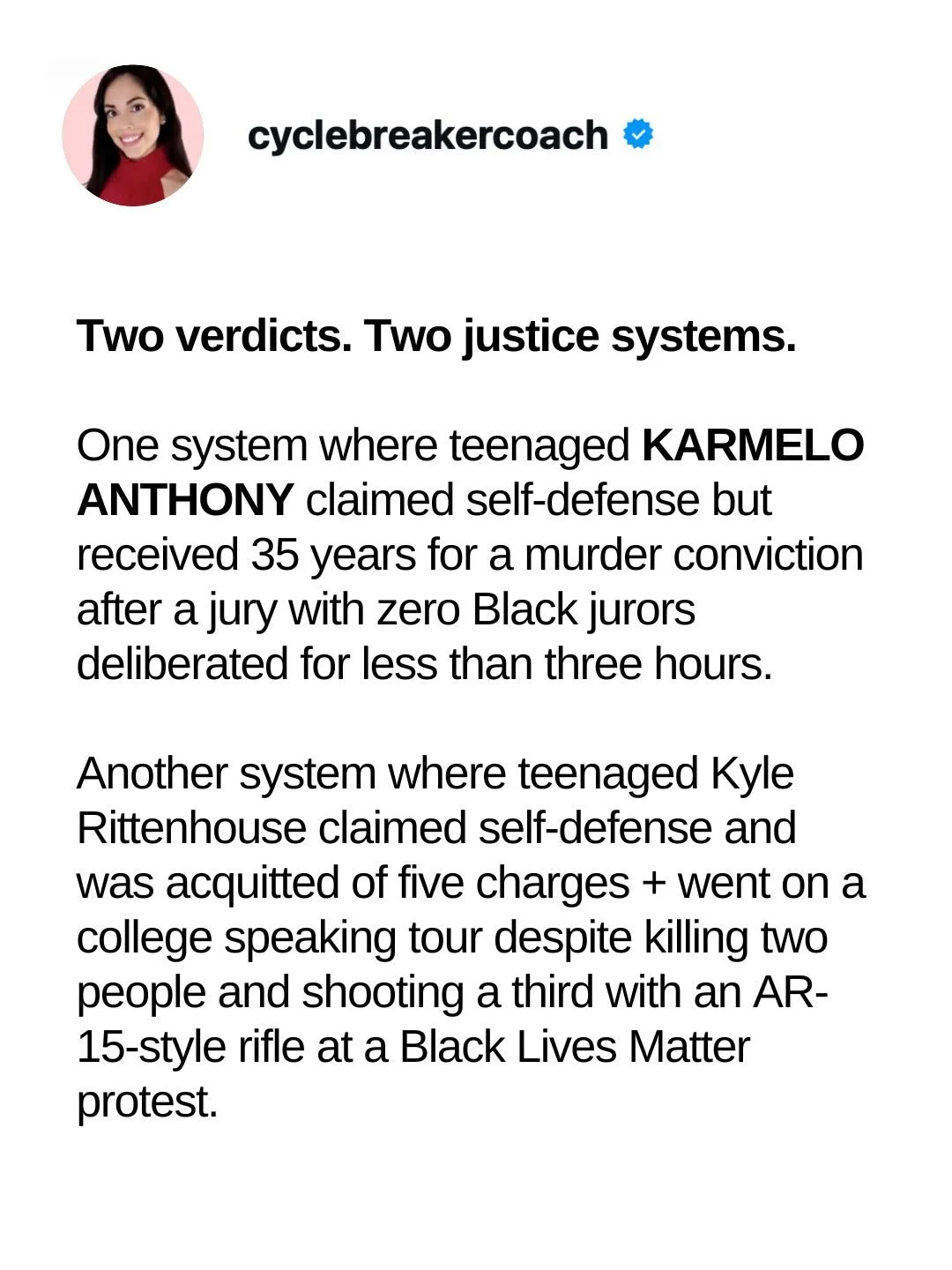 Two things can be true at the same time: Austin Metcalf should be alive right now + Karmelo Anthony did not receive equality before the law. My heart breaks for the Metcalf family. My heart breaks for the Anthony family. And my heart breaks for a cou