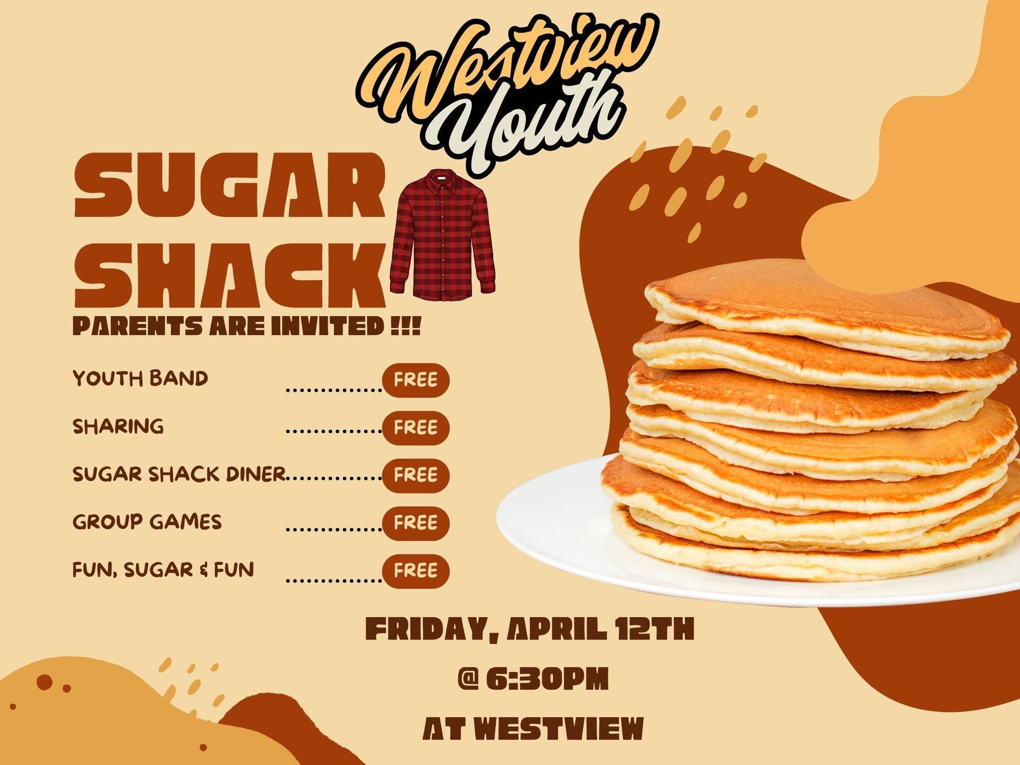 Hey guys, Friday we'll have our sugar shack. Since we're offering dinner, the evening will start at 6:30pm at the church gym. Dear parents, don't forget you're invited!!! Come with a checkered shirt