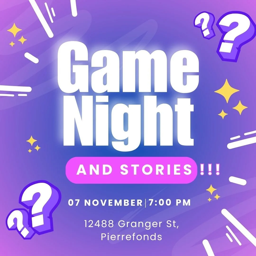 Hey friends!
Tomorrow, the Quackenbush family is hosting us at their place for youth night! 🎉
We&rsquo;re having a Game Night + Stories time &mdash; it&rsquo;s going to be fun and meaningful!

📍 Address: 12488 Granger St, Pierrefonds
🕖 Time: 7:00 