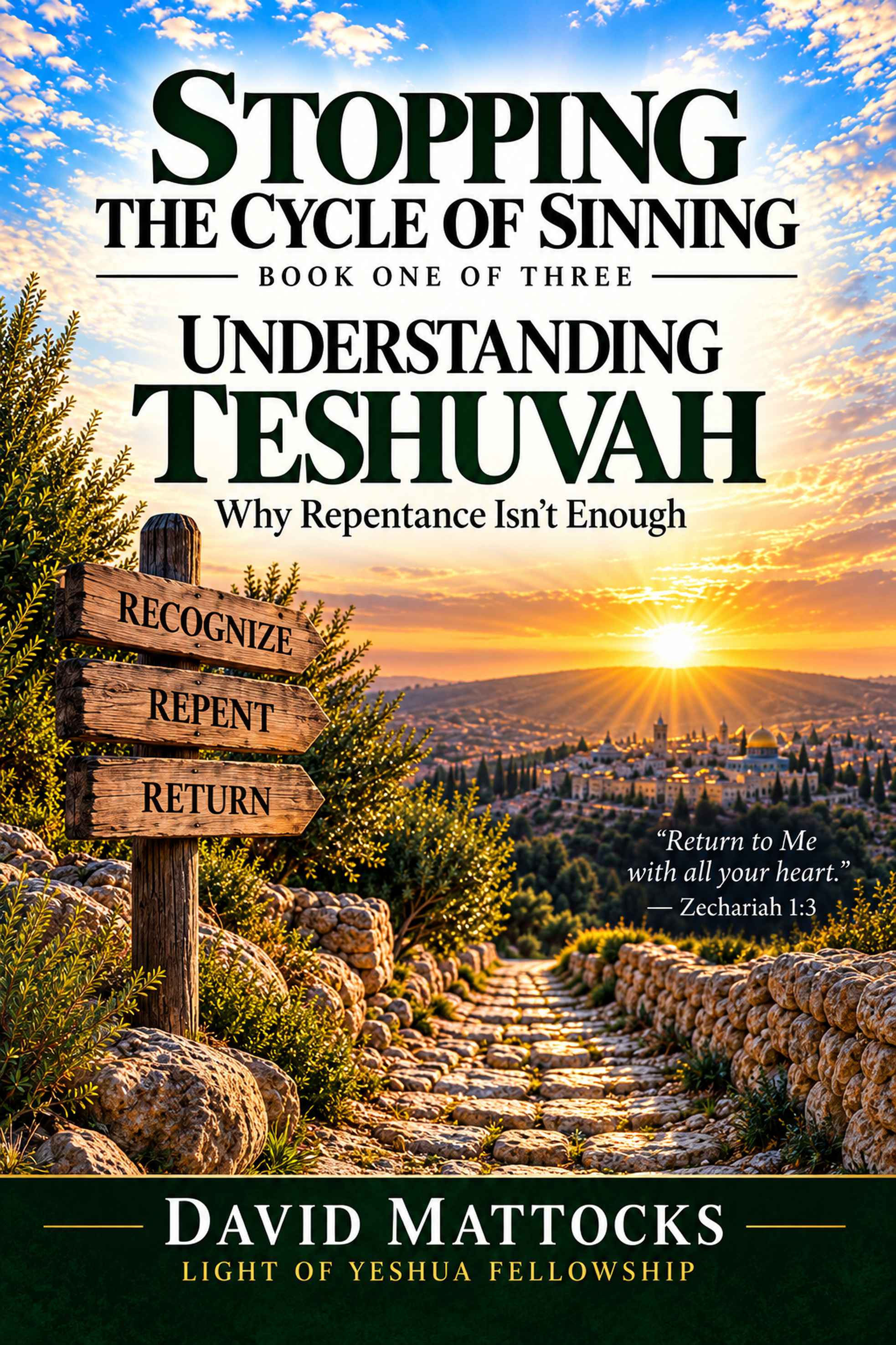 Book cover for "Stopping the Cycle of Sinning: Understanding Teshuvah" by David Mattocks features a sunset over a hilly city with a stone pathway, greenery, and a wooden signpost with the words "Recognize," "Repent," and "Return."