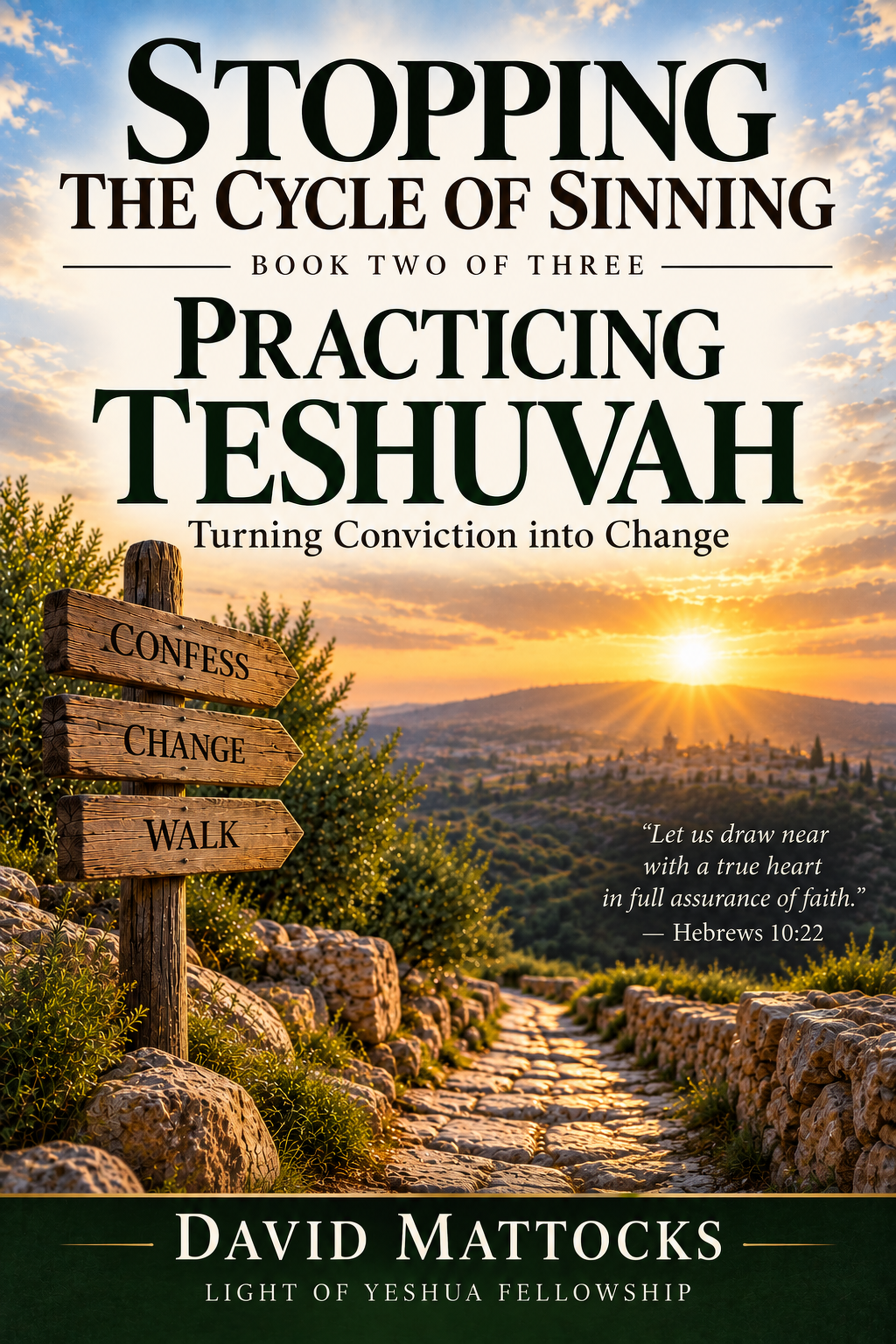 A book cover titled 'Stopping the Cycle of Sinning: Practicing Teshvah: Turning Conviction into Change' by David Mattocks, with a background of a scenic sunset over a pathway lined with rocks and greenery, and a wooden signpost with words 'Confess,' 'Change,' and 'Walk'.