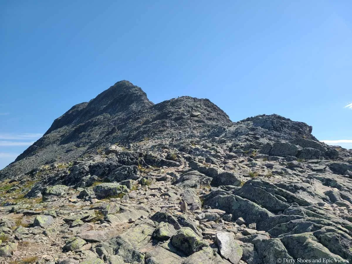 Looking up a rocky narrow ridge on the Besseggen Ridge hike in Norway
