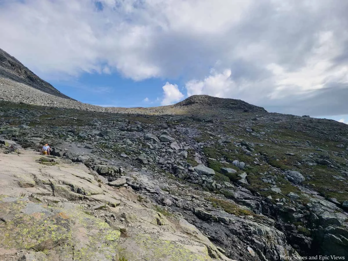 Looking up a rocky mountain slope along the Besseggen Ridge trail