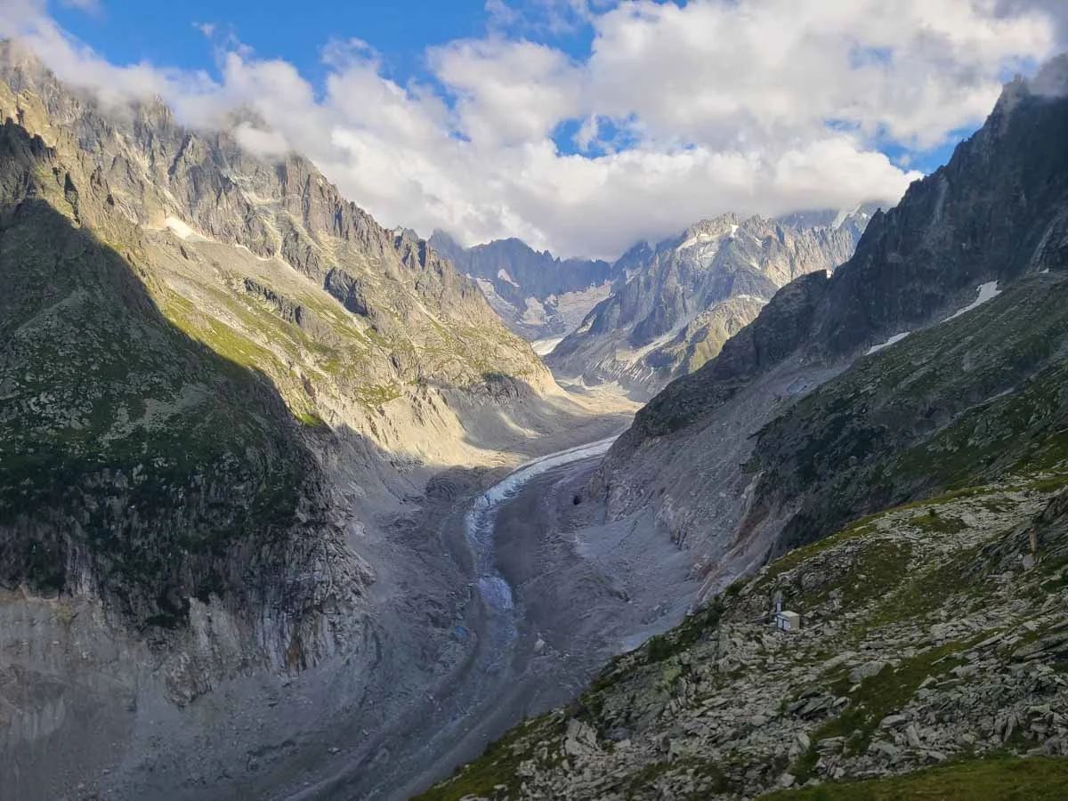 A view of a glacial valley and mountain peaks from Signal Forbes in Chamonix