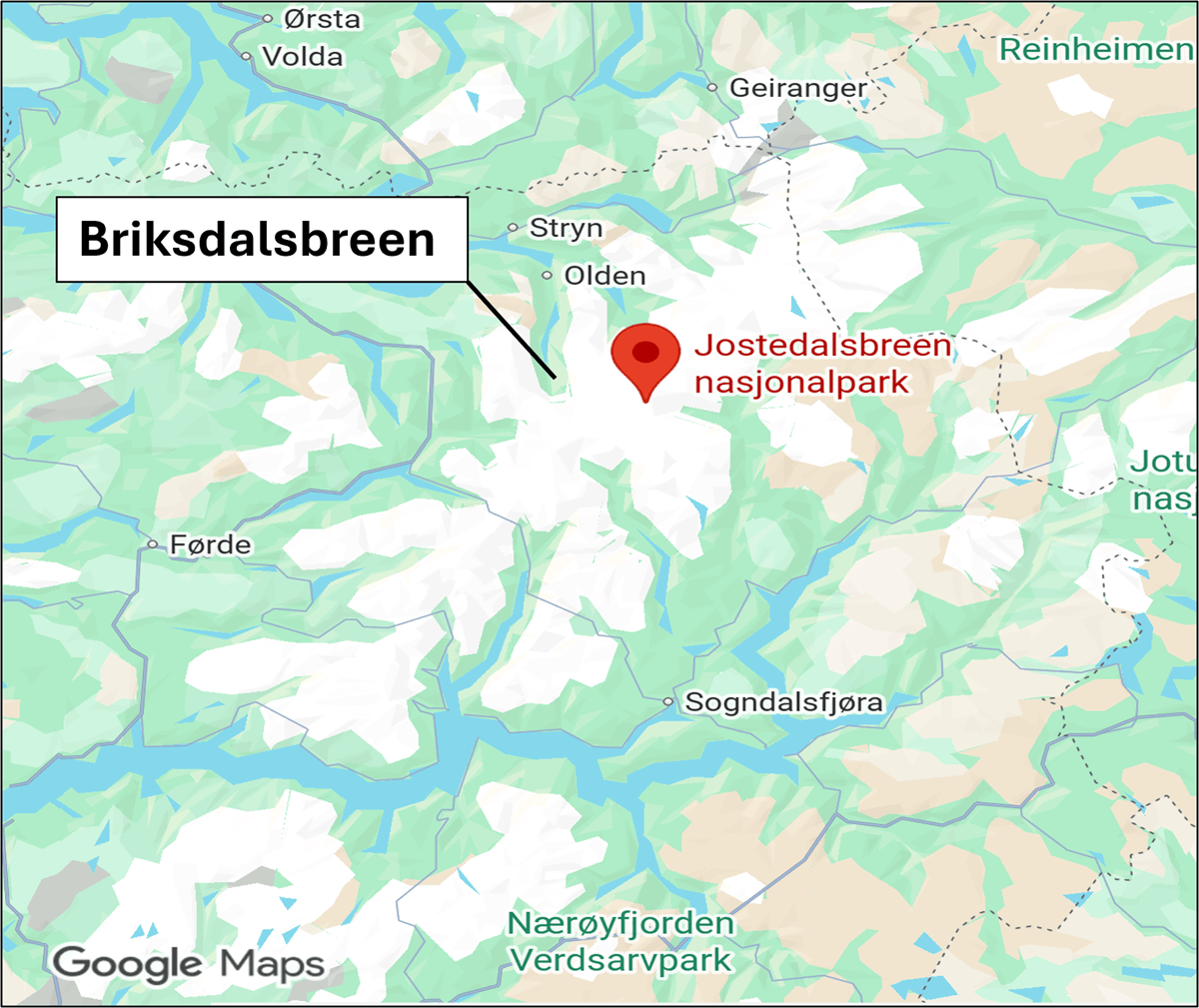 A map showing the location of Briksdalsbreen in Norway