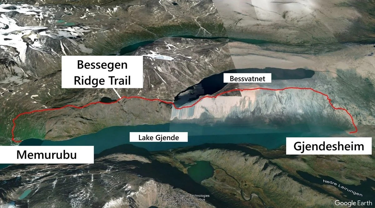 A satellite view of the Besseggen Ridge hike