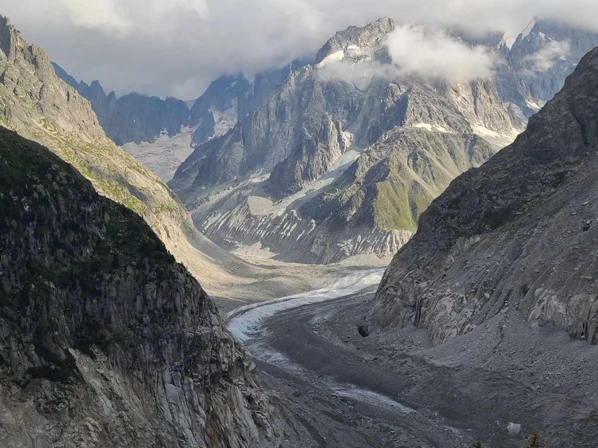 The view of the Mer de Glace valley from Montenvers in Chamonix