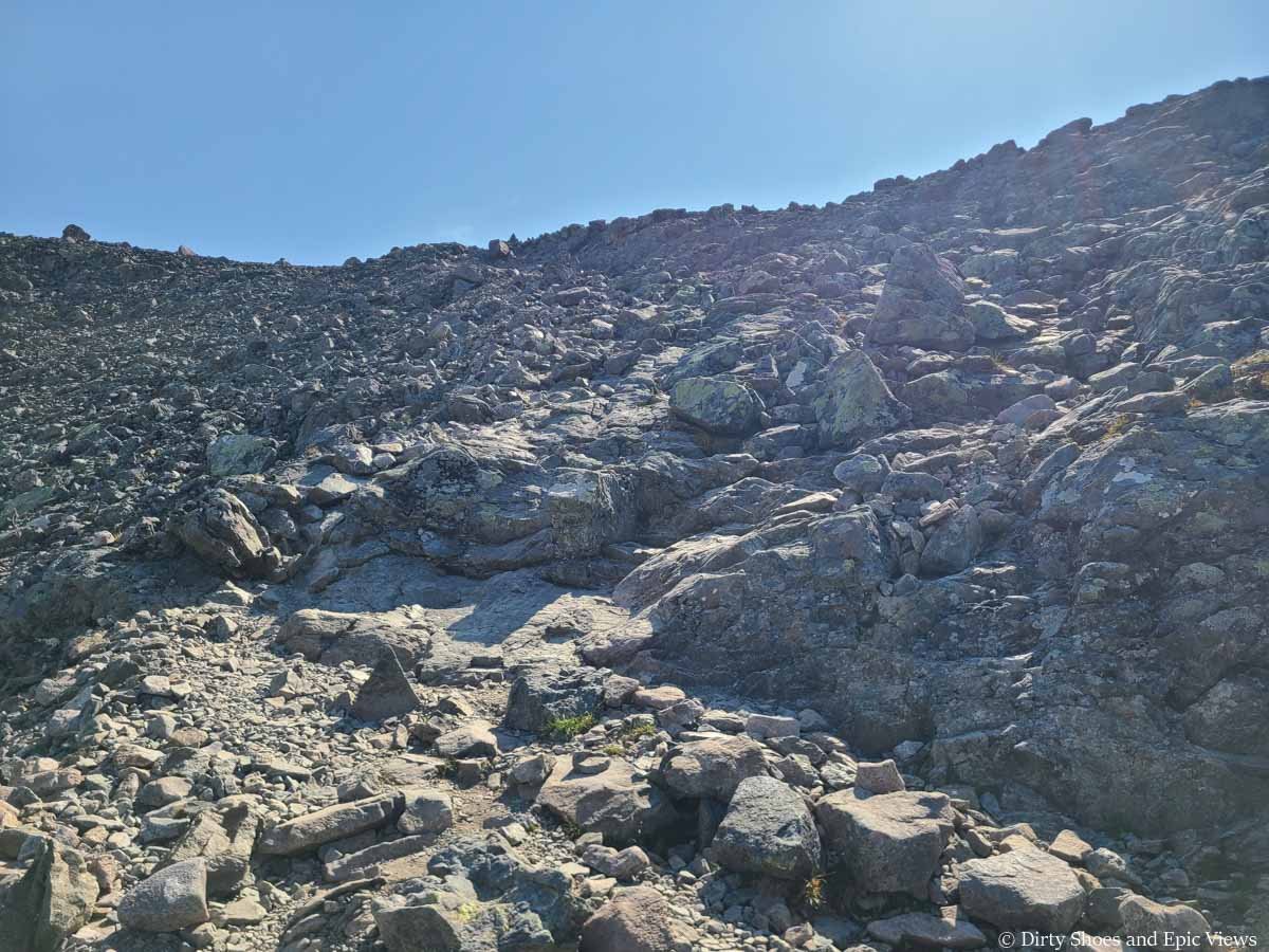 A view up a rocky slope on the Besseggen Ridge trail