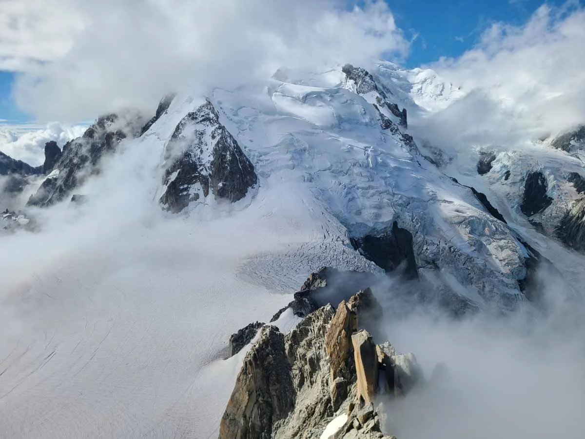 A close up view of Mont Blanc from the Aiguille du Midi in Chamonix