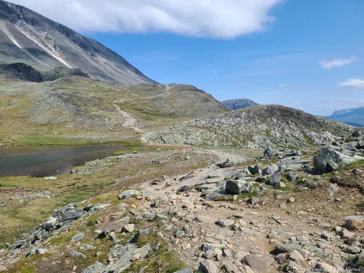A herd path crosses a grassy and rocky landscape towards a hill on the Besseggen Ridge trail