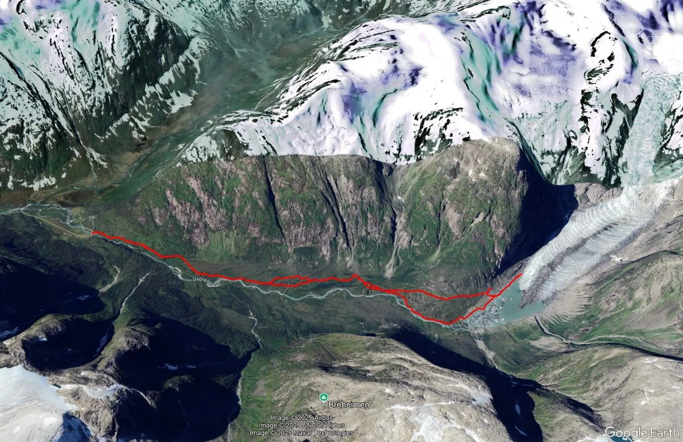 A satellite view of the Austerdalsbreen hike