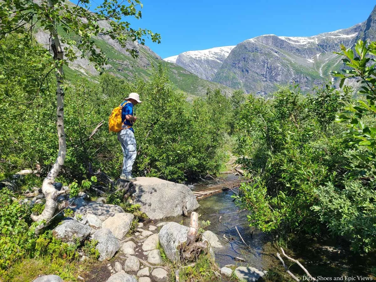 A hiker stands on a boulder above a footbridge that crosses through a stream on the Austerdalsbreen hike