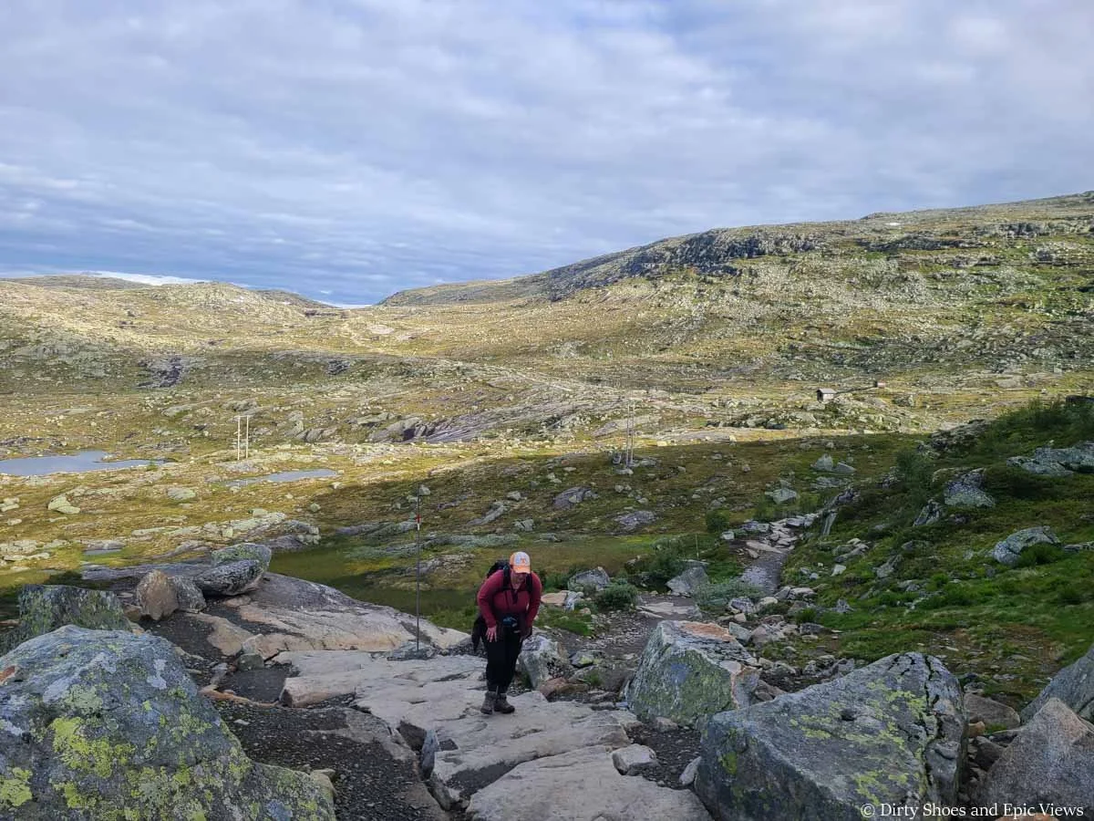 A hiker ascends rocky steps above a meadow with small lakes on the hike to Trolltunga