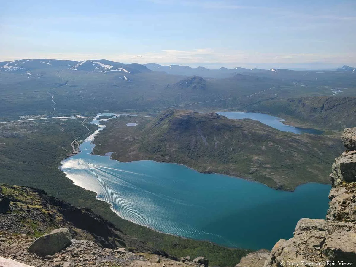 A view over lakes a mountains from the Besseggen Ridge trail in Norway
