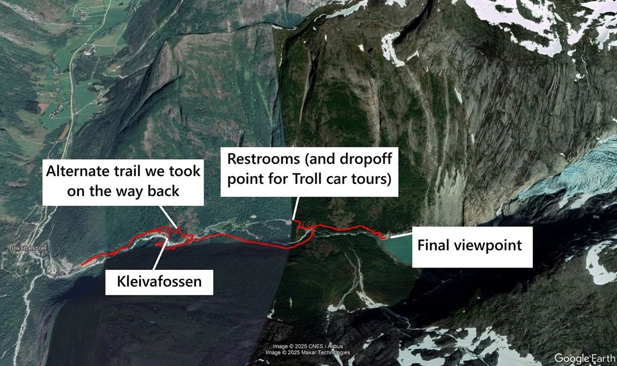 A satellite view of the Briksdal Glacier hike in Norway