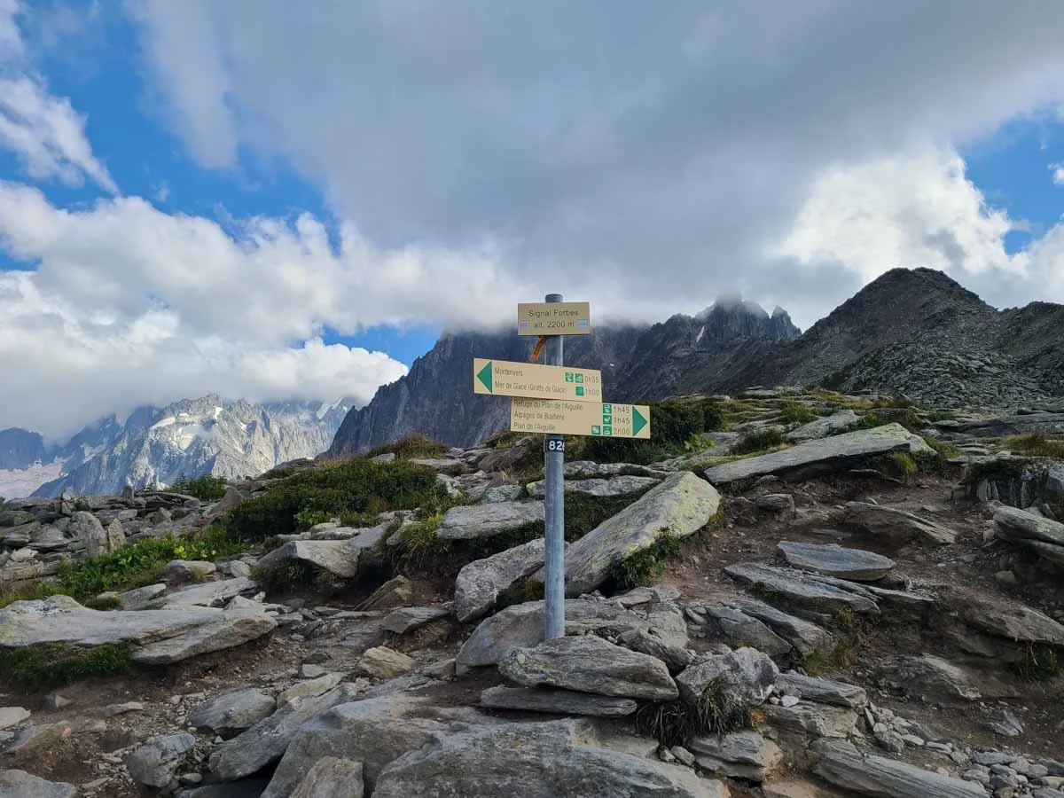 Trail signs at the Signal Forbes summit in Chamonix