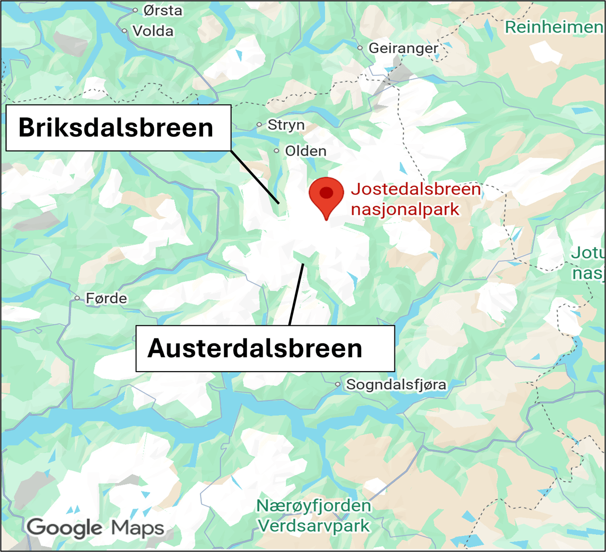 A map showing the location of Austerdalsbreen within Jostedalsbreen National Park