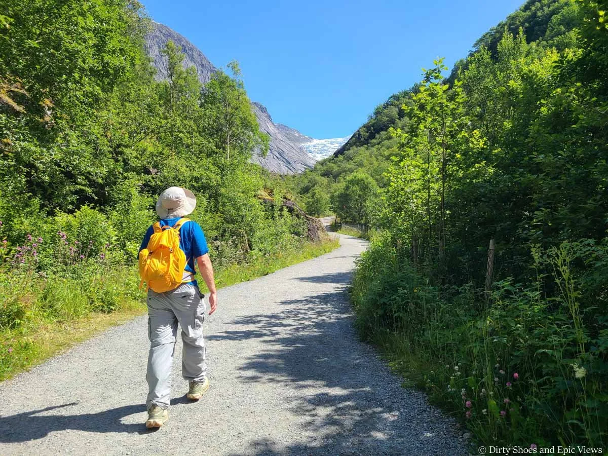 A hiker walks along a wide path through green brush on the Briksdal Glacier hike