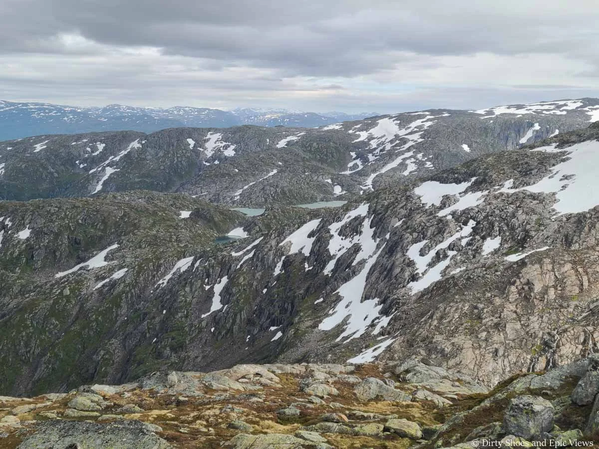 Mountain ridges line the view from the Reinanuten viewpoint in Norway