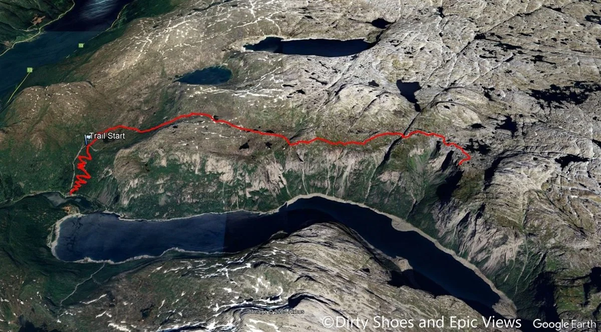 A satellite image of the Trolltunga hike in Norway