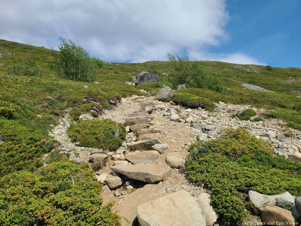Stone steps ascend a grassy slope on the Besseggen Ridge trail