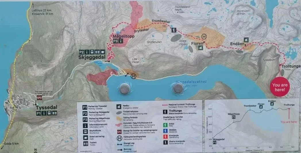 A map showing the Trolltunga trail and parking lots