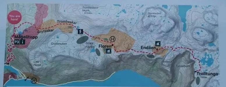 A trail map of the Trolltunga hike showing important waypoints