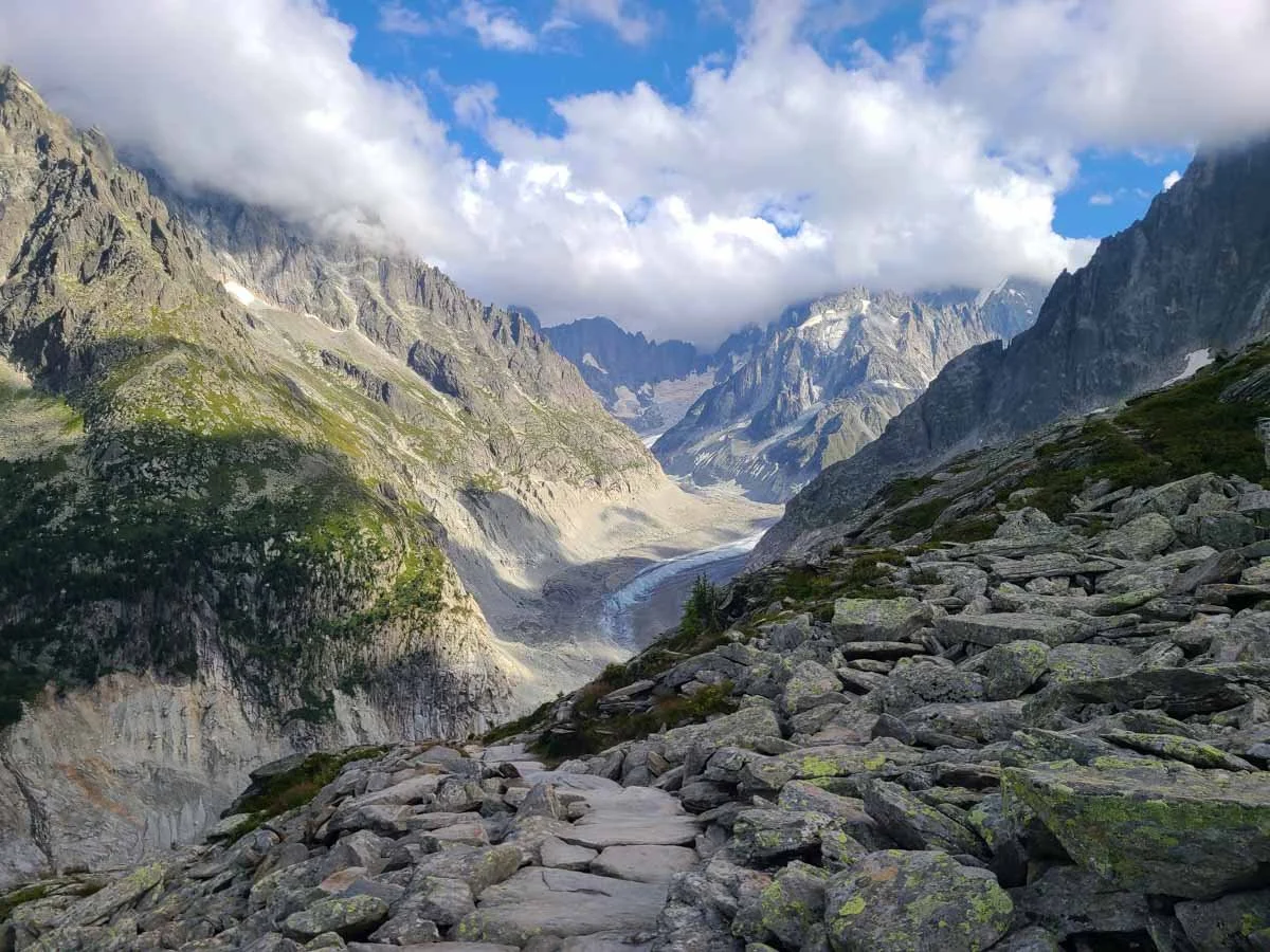 A view of glacier and mountains from the Signal Forbes hike near Montenvers