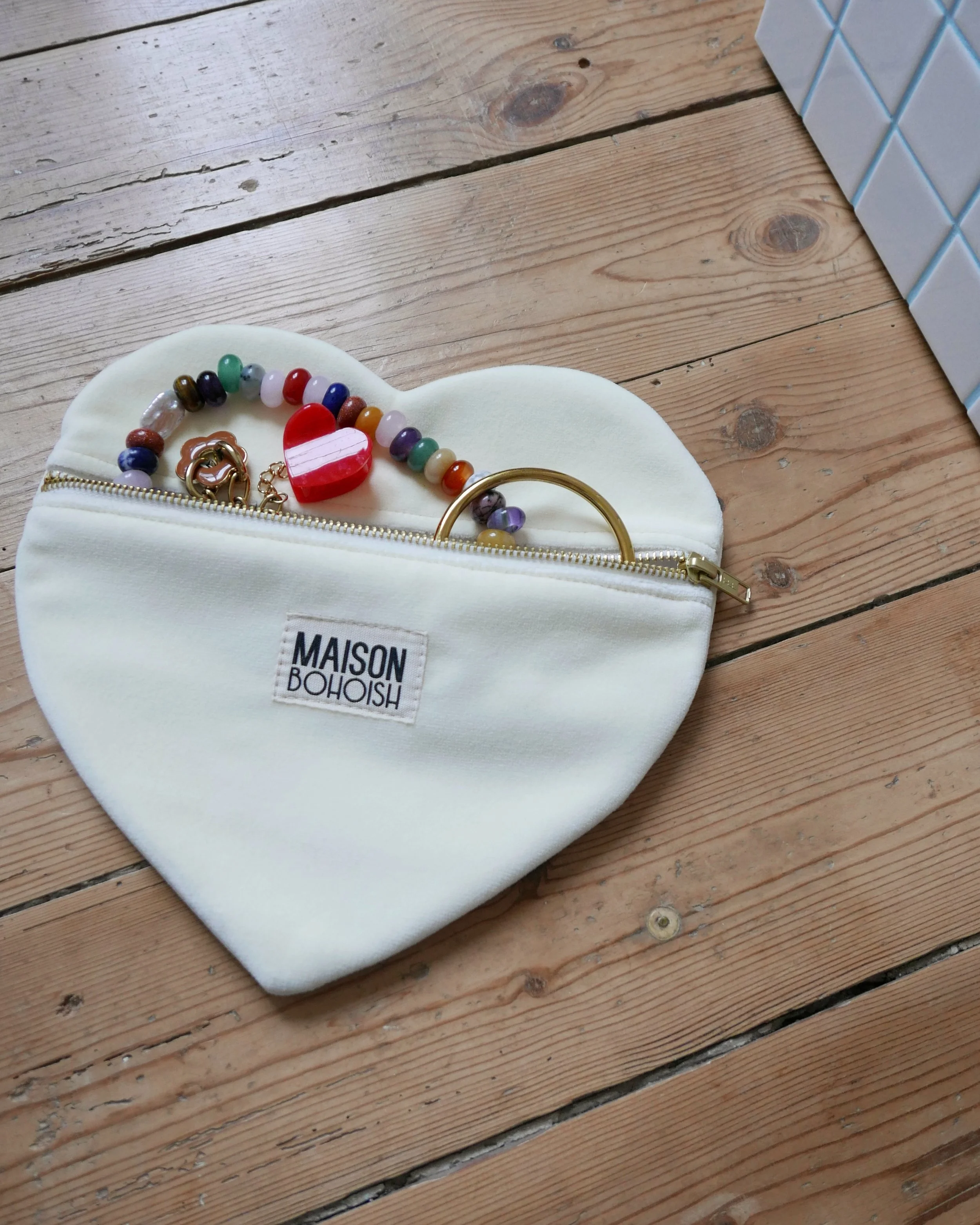 POCHETTE COEUR - VELOURS RAS ECRU