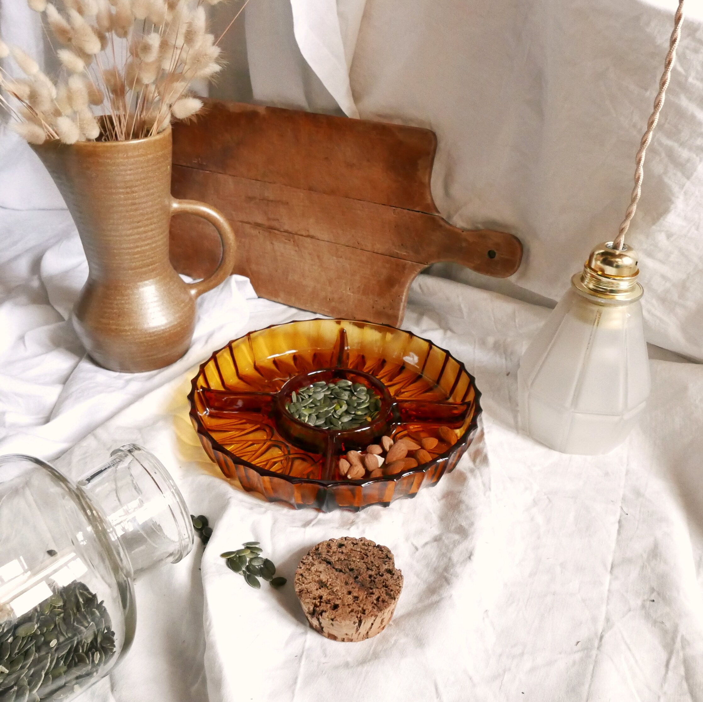 PLATEAU APERITIF VINTAGE VERRE AMBRé
