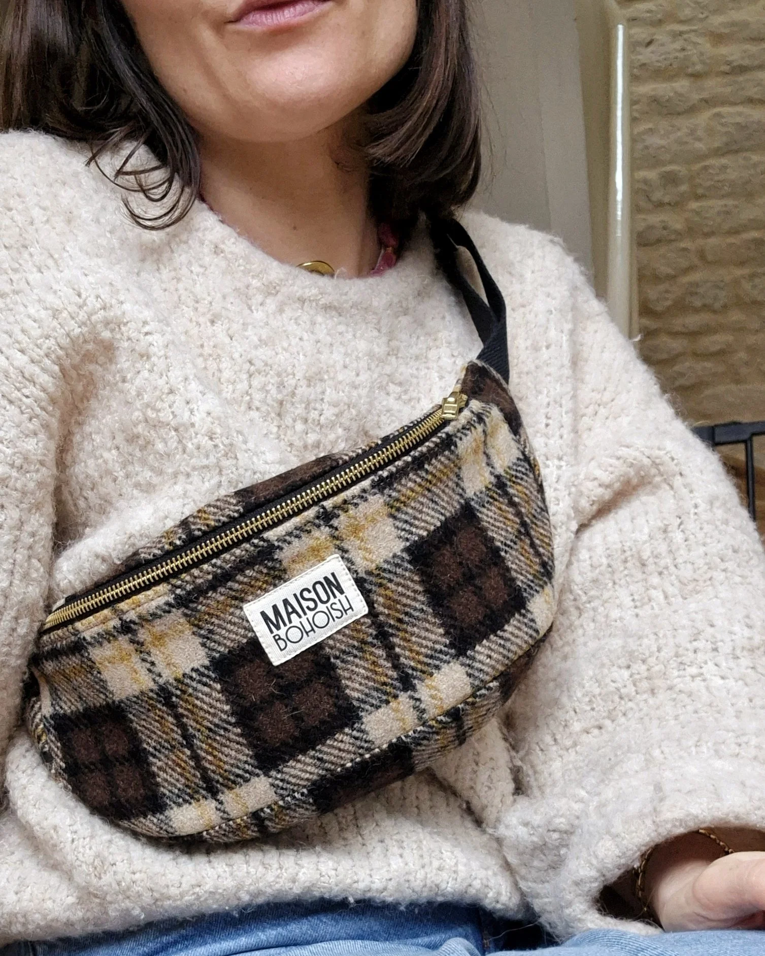 sac banane a carreaux marron