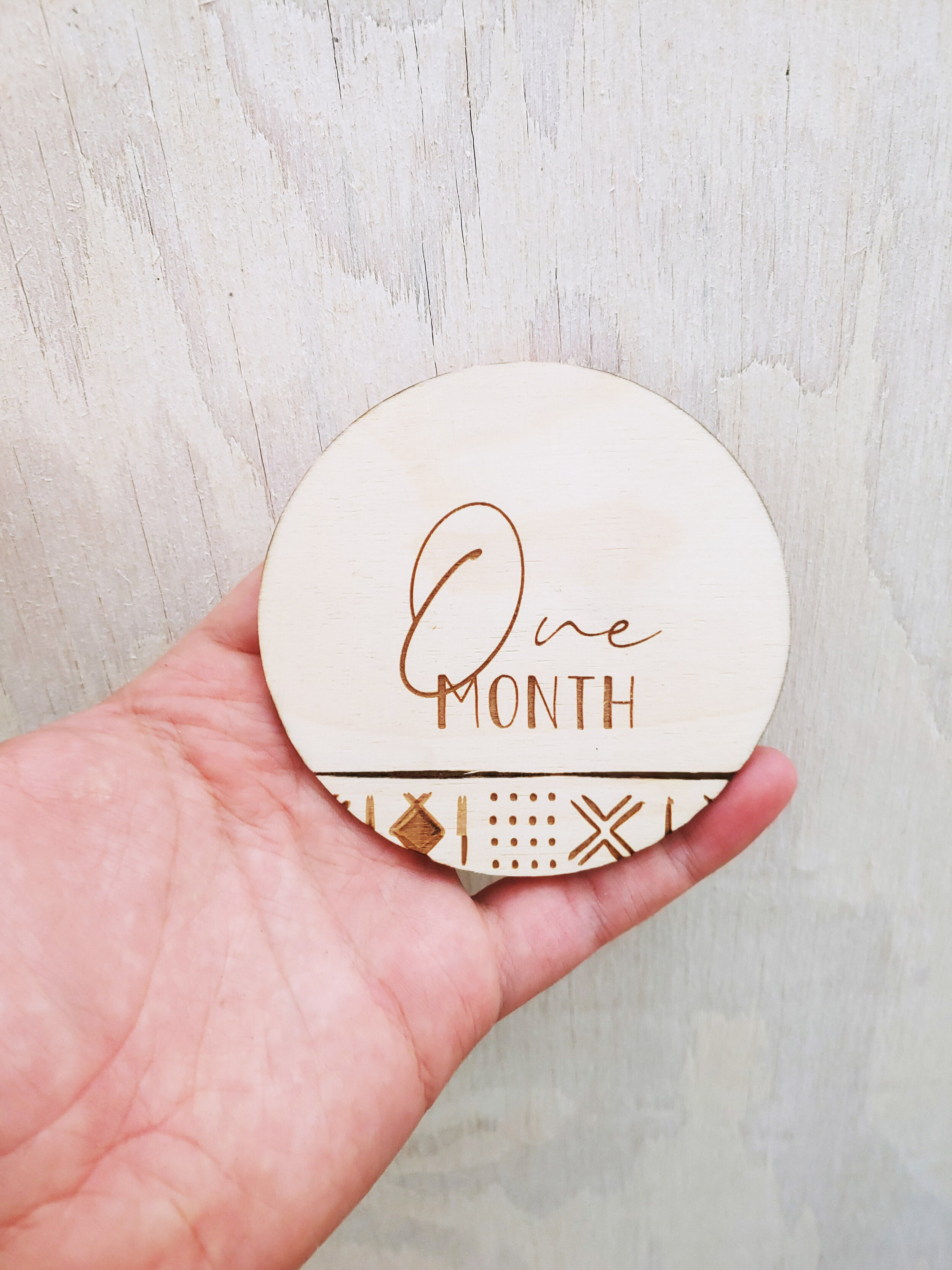 WHOLESALE + BABY MONTH MILESTONES - MUDCLOTH - WOODEN ENGRAVED PHOTO DISCS (QUANTITY OF 6)