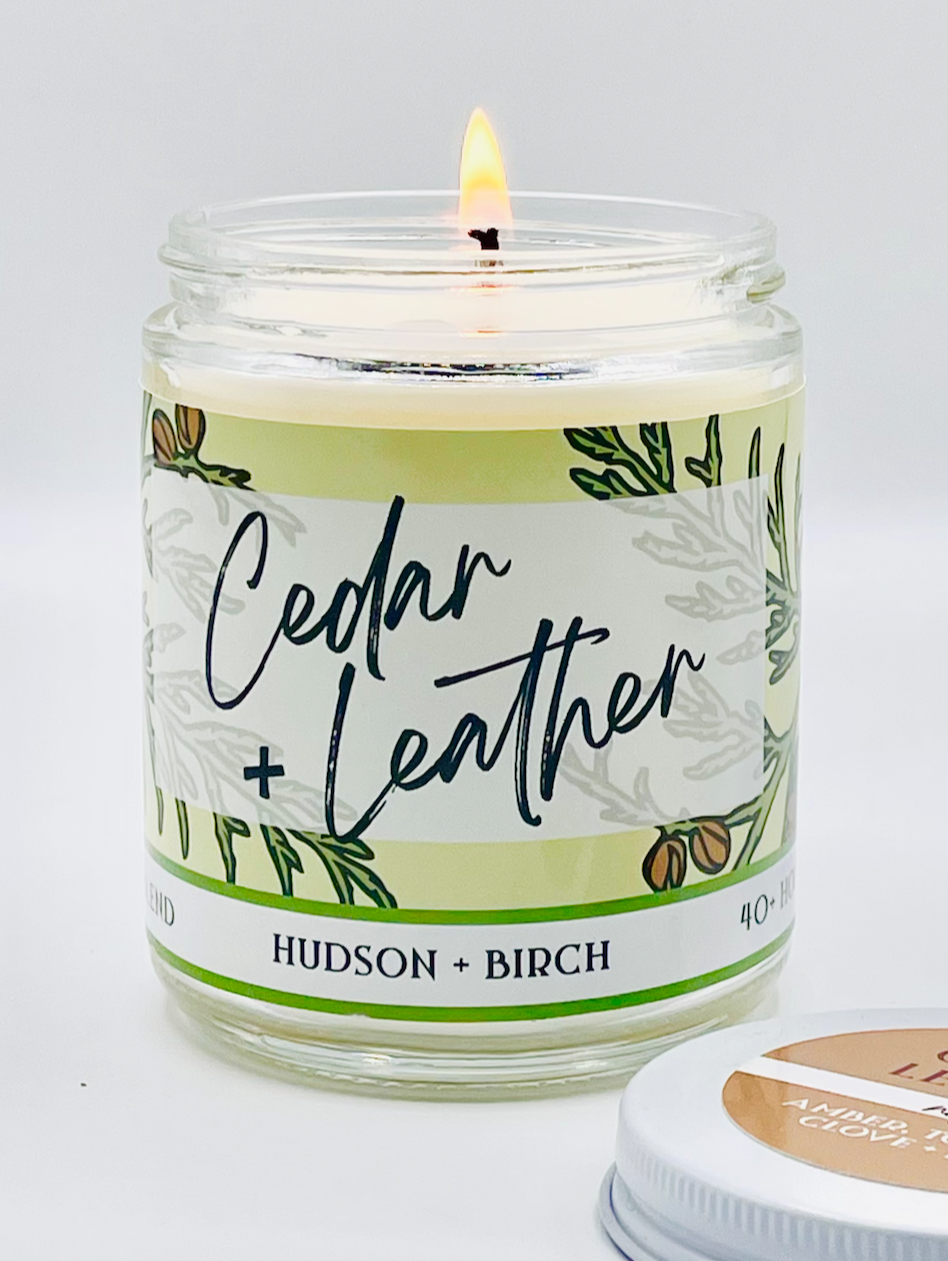 Cedar and Leather - Artisanal Hand Poured 8oz Glass Jar Candle