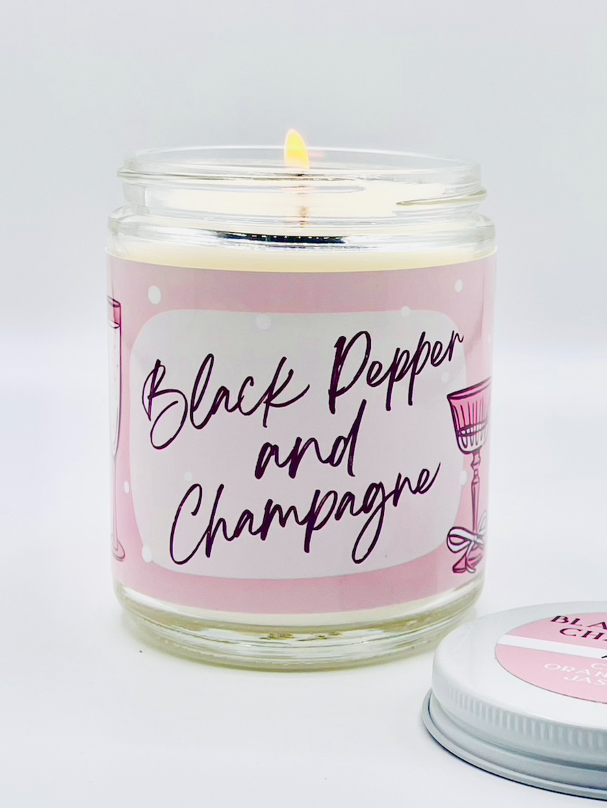 Black Pepper AND Champagne  - Artisanal Hand Poured 8oz Glass Jar Candle