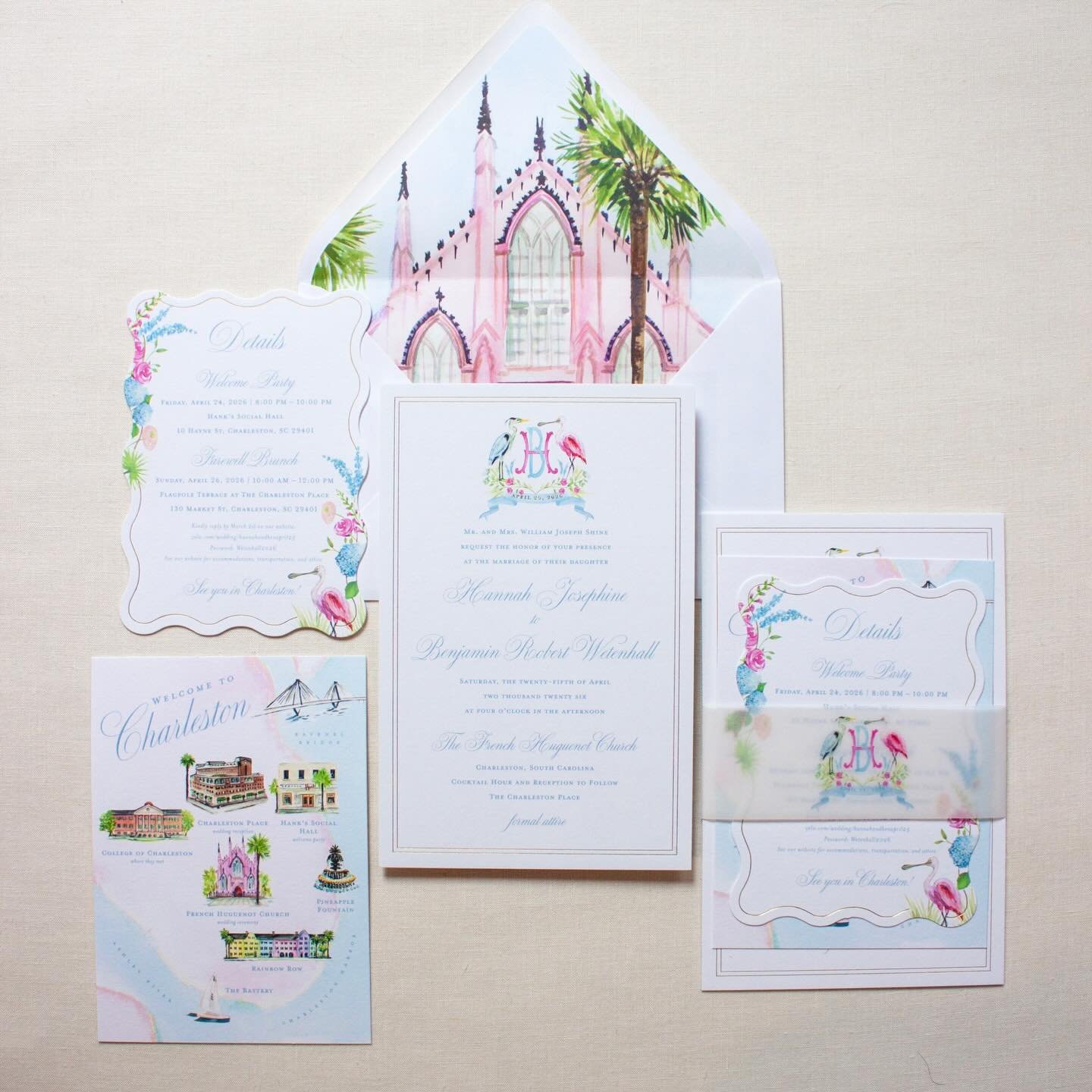 Something blue, something pink, and a whole lot of Charleston charm. 🩵🌸 There is nothing quite like a spring wedding in the French Quarter ~ from the watercolor lining of the Huguenot Church to the custom map of our favorite holy city, every detail