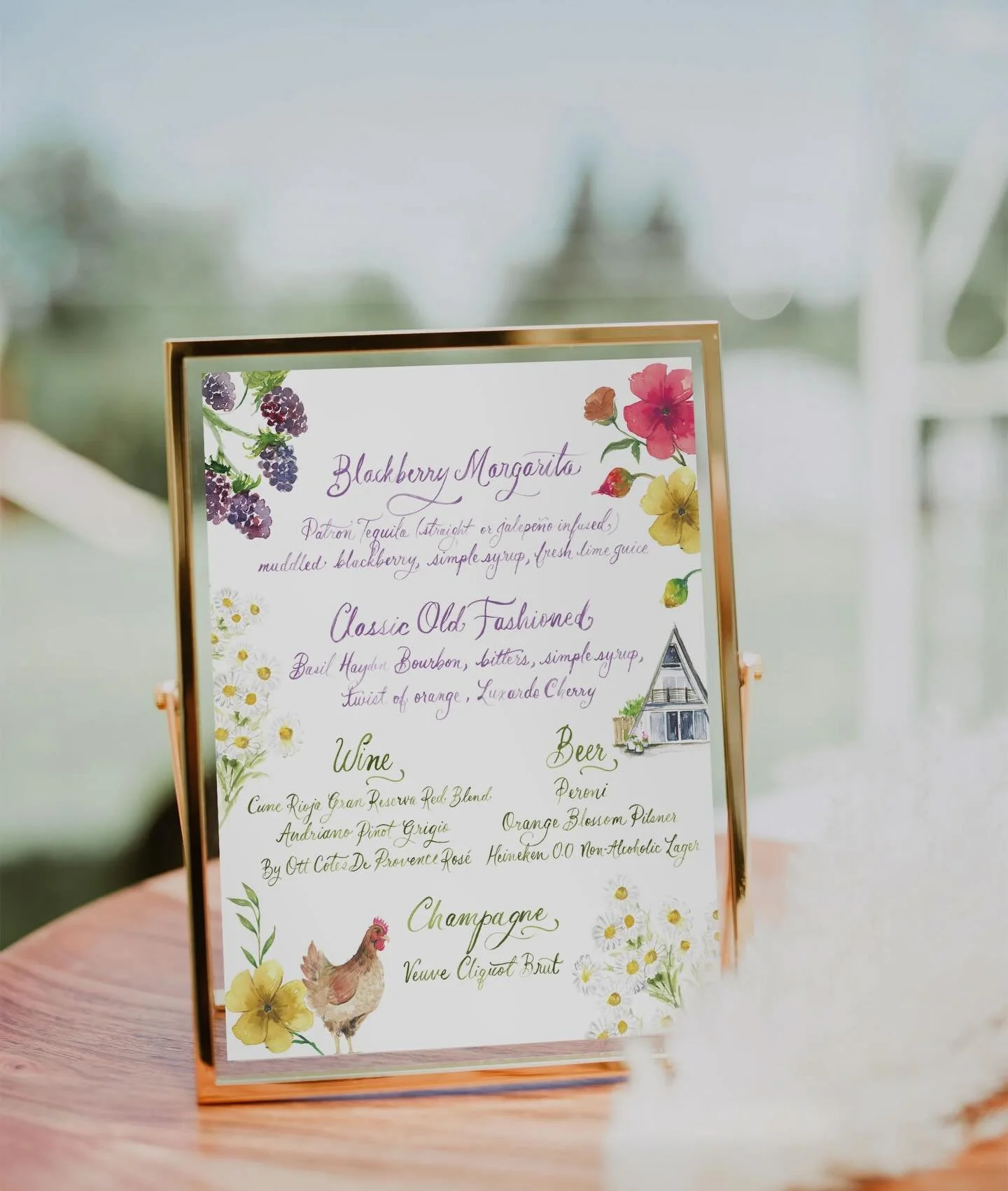 From the garden to the glass&hellip; 🤤🥂🐓💕🌼🍓We wanted this backyard wedding bar menu to feel as grounded &amp; local as the setting itself - hens, berries, and all. Now who&rsquo;s ready for a blackberry marg?