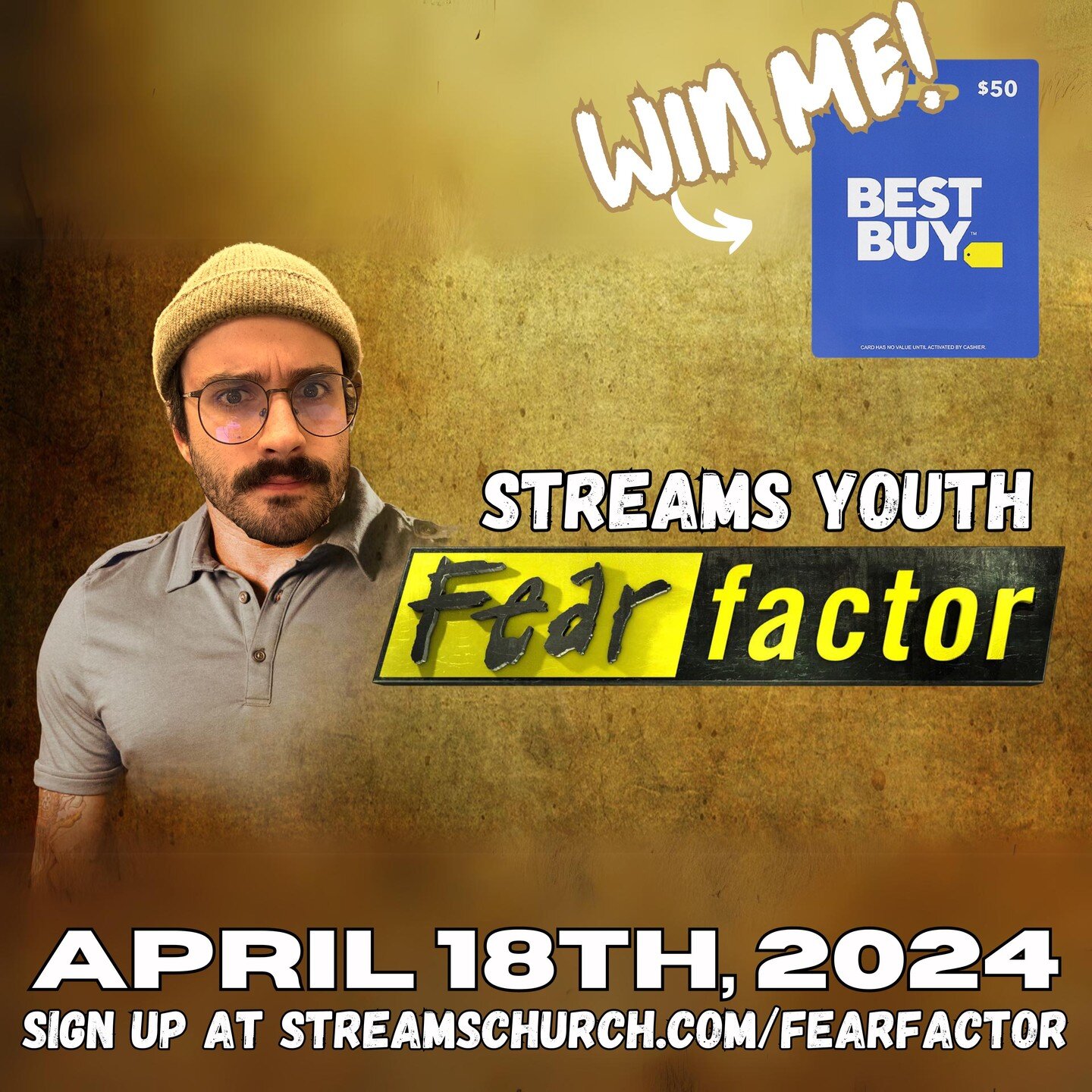 INVITE YOUR FRIENDS and SIGN UP TO TRY AND WIN A $50 BEST BUY GIFT CARD!!! Sign up at streamschurch.com/fearfactor You will not want to miss out on this AMAZING night!!! Put your stomachs to the test!!! WE ARE ONLY 2 WEEKS AWAY! April 18th, 2024 from