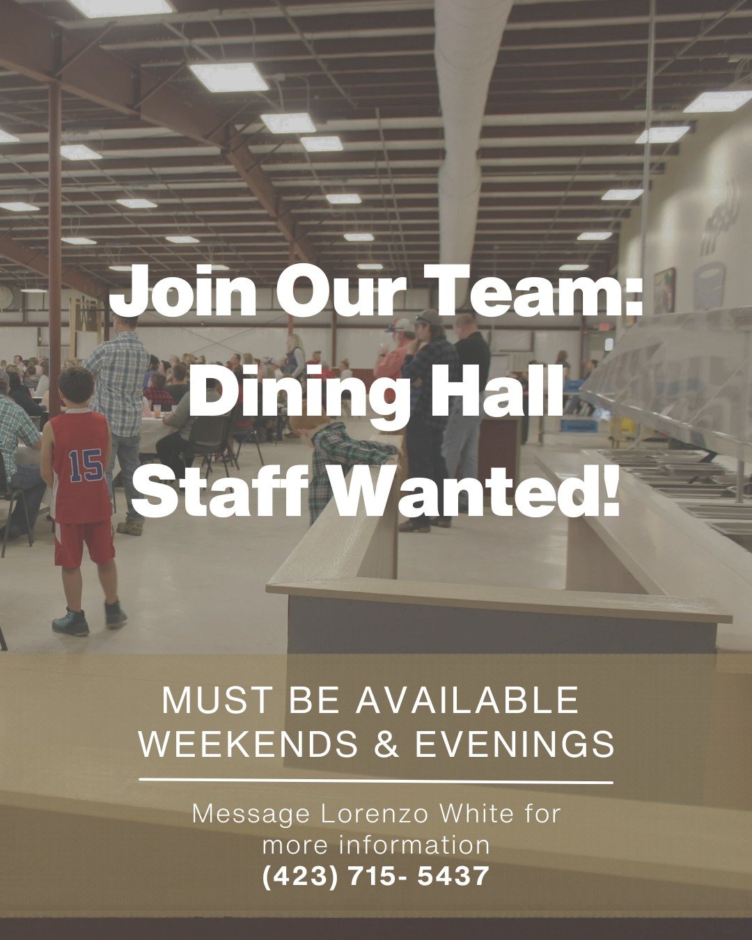 Now hiring dining hall staff!

Work in the mountains.
Serve alongside a great team.
Be part of something meaningful.

📍 Ocoee Ridge Camp

Message (423) 715-5437 to apply