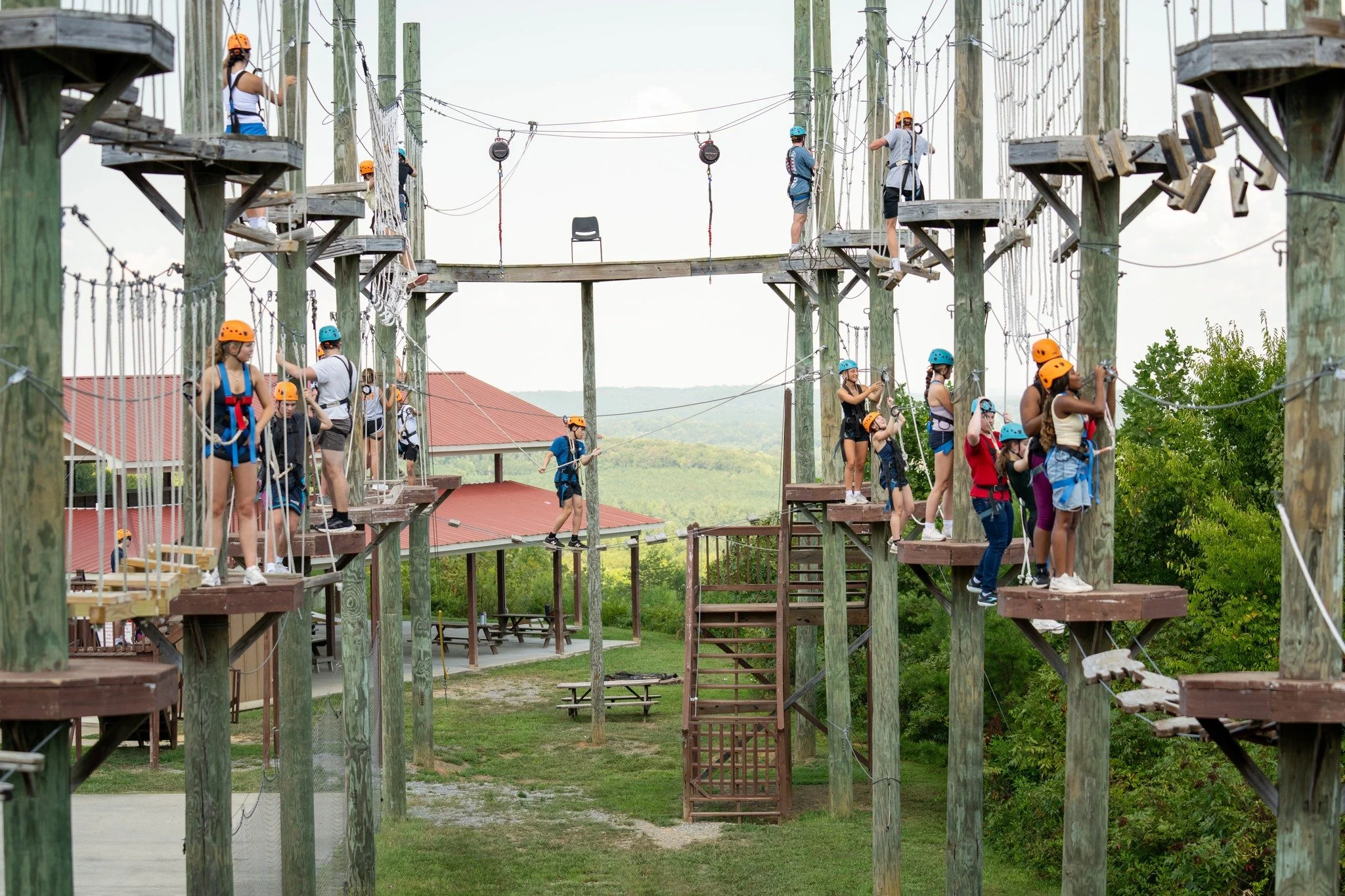 40 feet up is where real teamwork starts. 

Our high ropes course pushes groups out of their comfort zone together &mdash; trust, communication, and a few nervous laughs included.

Great for church, school, and corporate retreats alike.

Add the rope