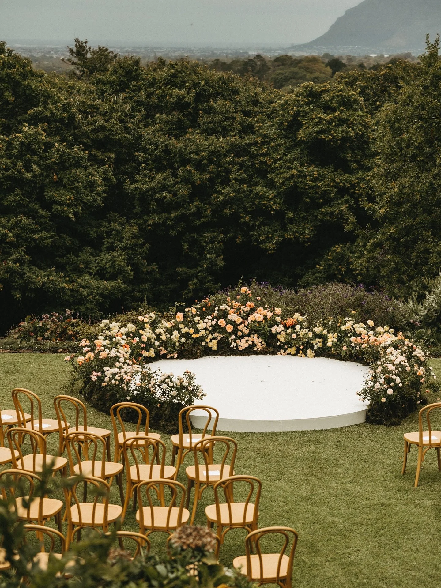 There are few things more satisfying than nature providing such a stunning backdrop around which to tell a story. South Africa gave us rolling greens, mountain views, and gardens bursting with life. So we leaned in. 

Ceremony in the round, florals t