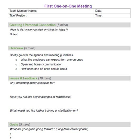Dor Selectiekader omzeilen Free Agenda Template for a First Time One-on-One Meeting — ManageBetter:  The #1 Performance Review Generator