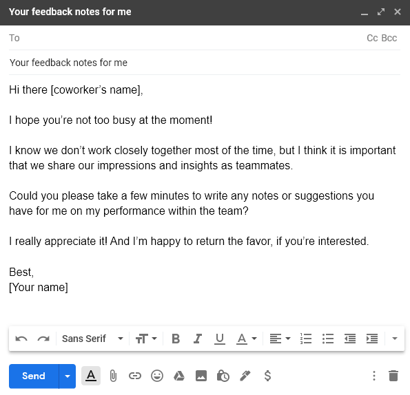 7 Awesome Email Templates To Request Co Worker Feedback Managebetter The 1 Performance Review Generator