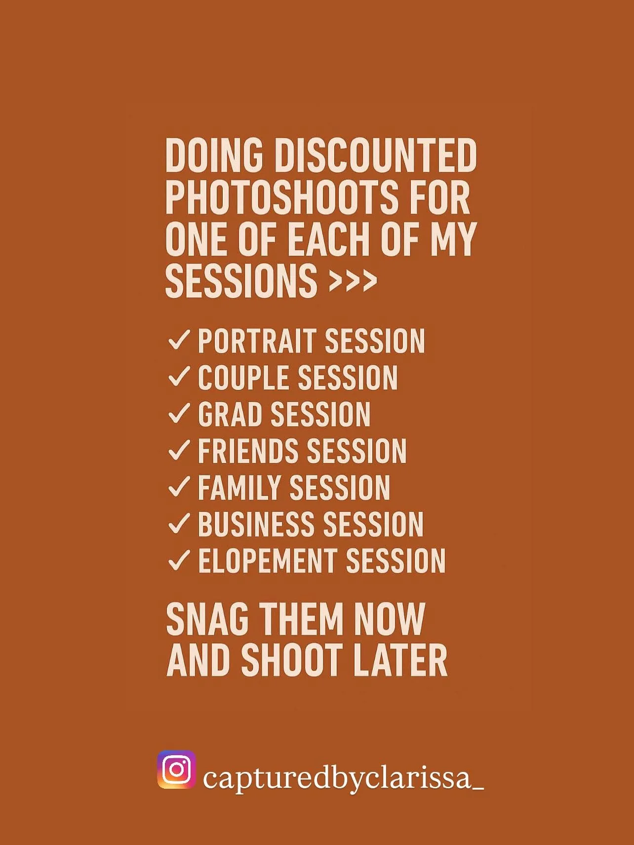 ⚠️ DOING DISCOUNTED PHOTOSHOOTS ⚠️
REDEEM NOW , SHOOT LATER ( this year )
-
Flash Sale For The Entire Month Of August To Redeem 🥰
-
TAG A FRIEND WHO SHOULD TAKE ADVANTAGE OF THIS
- depending on location , pricing may vary
-
#tampaphotographer #t