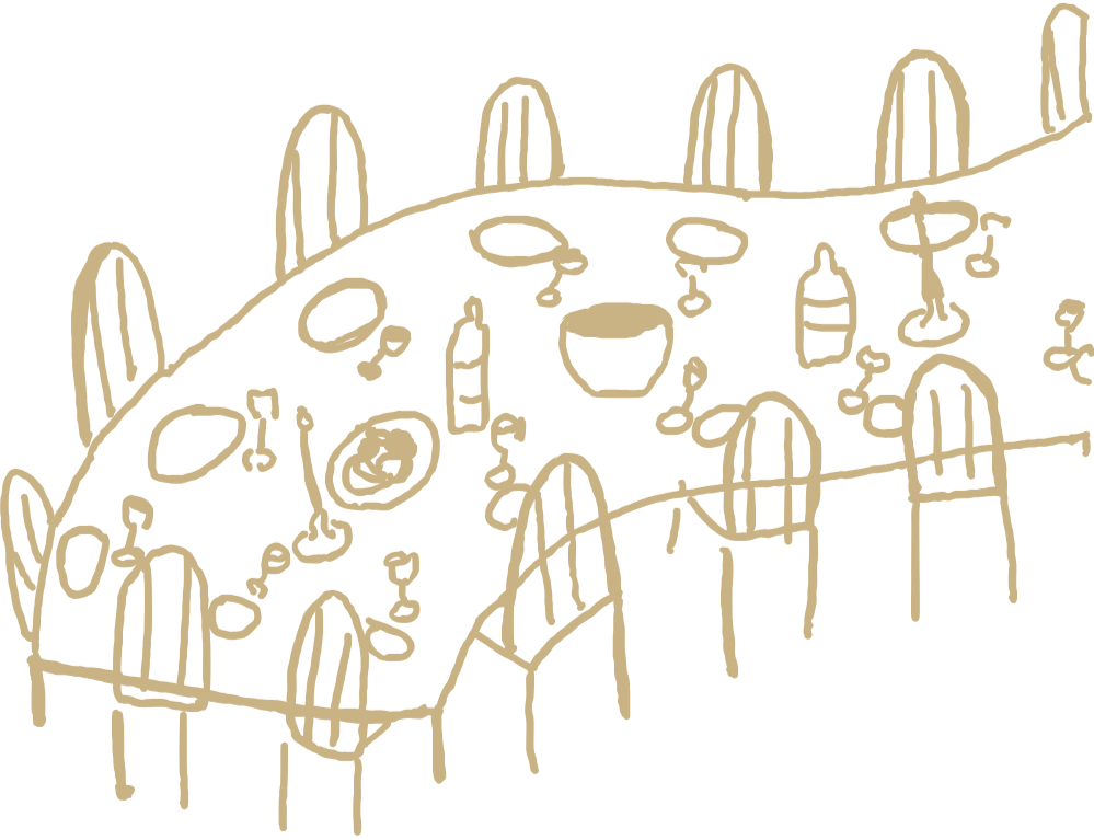 A drawing of a table with chairs and dishes on the table