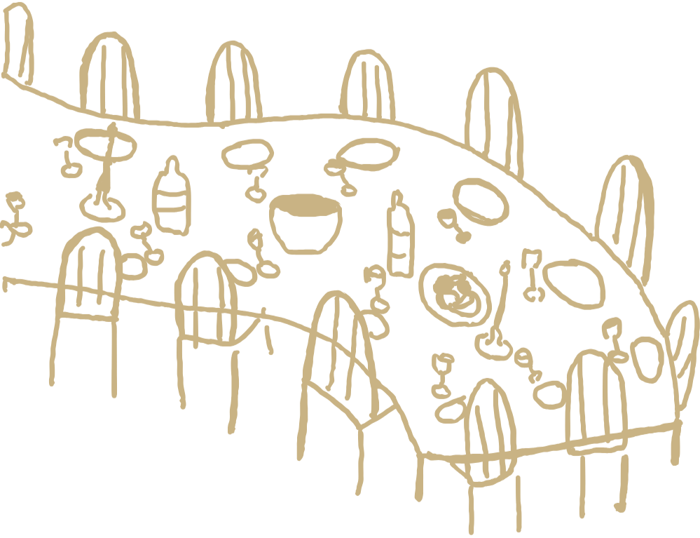 A drawing of a table with chairs and dishes on the table