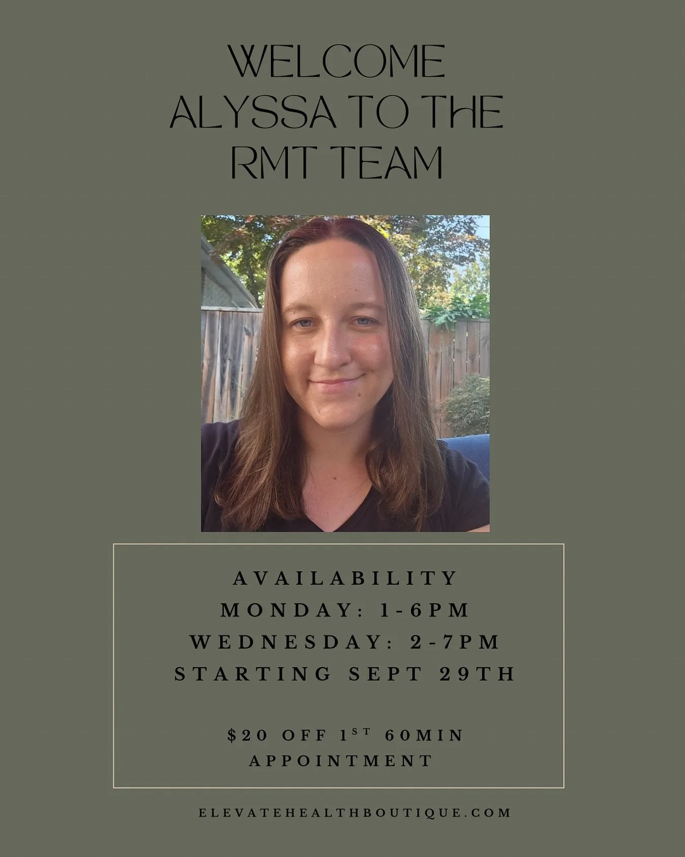 New team member alert!!
Welcome Alyssa to the Elevate Team 🤩

Alyssa has phenomenal pressure, and skill set to help you feel your best!

With your first appointment with Alyssa we are offering $20 off a 60min massage! 

Give Alyssa a warm elevate he
