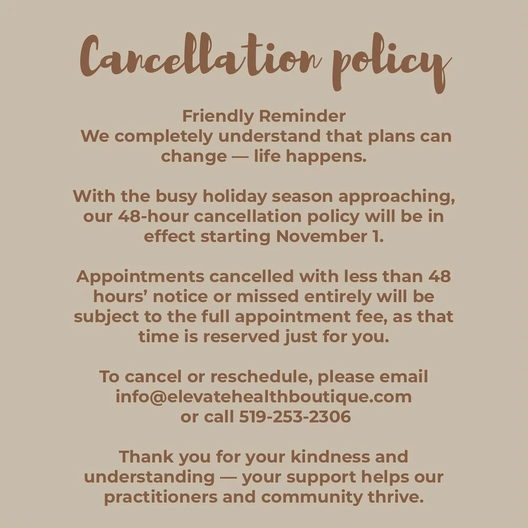 We know life gets busy, especially around the holidays.

That&rsquo;s why we&rsquo;re reminding everyone that our annual 48hr cancellation policy begins November 1

When sessions are missed or cancelled late, it&rsquo;s difficult to fill that time-an